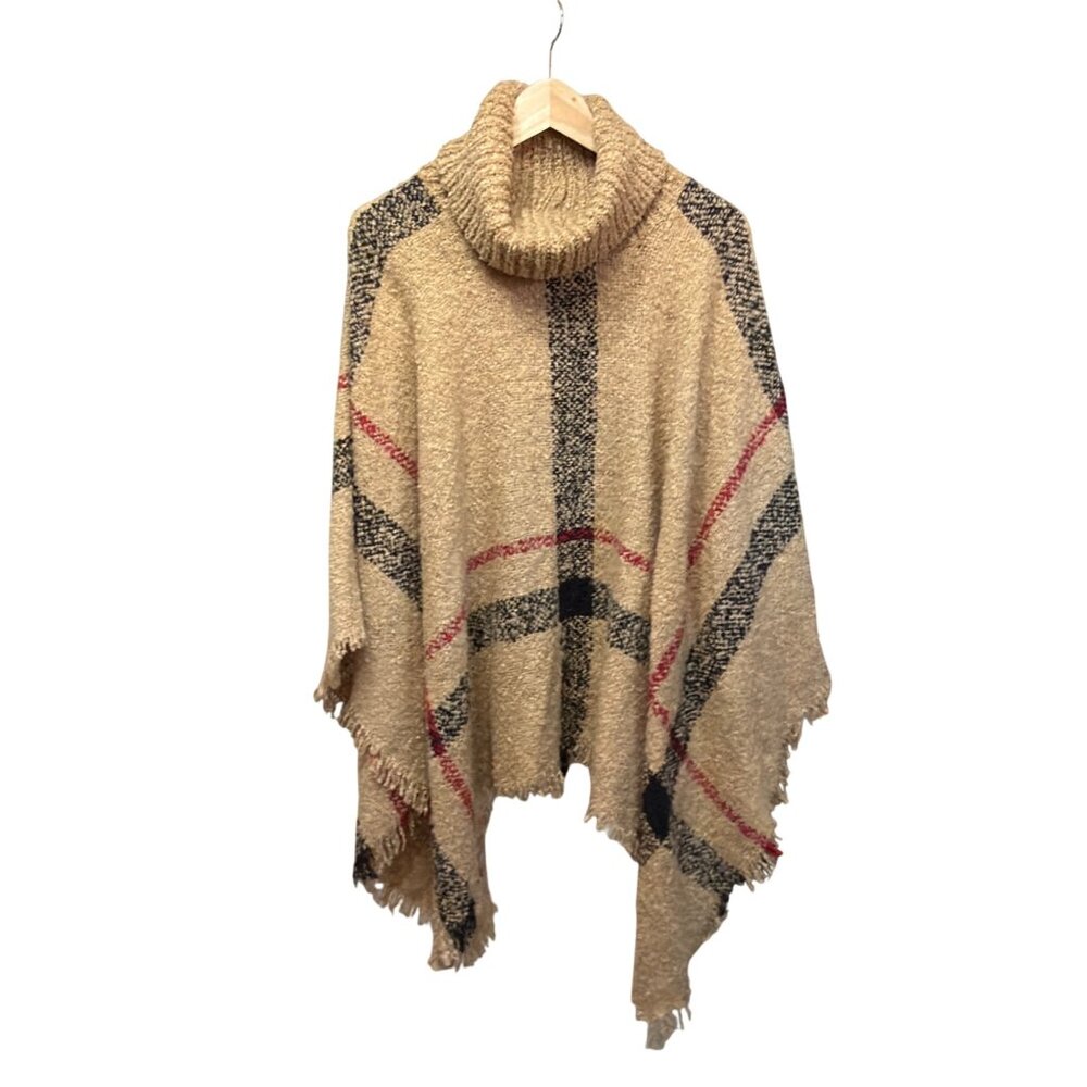 Plaid Knit Poncho With Cowl Neck Beige/Red/Black OS Old Money - Picture 4 of 6